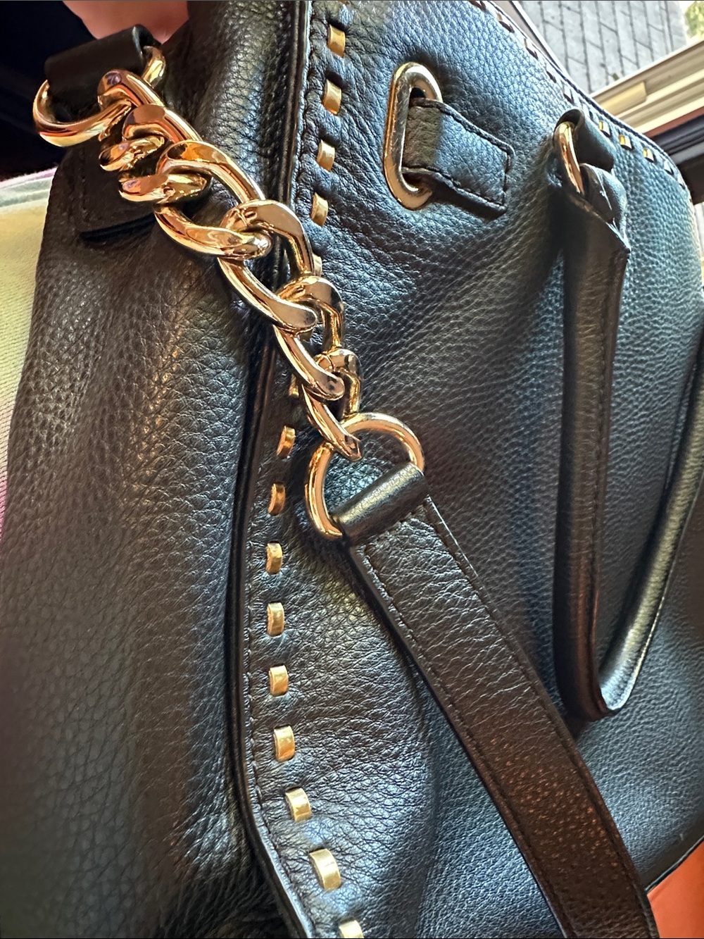 Michael Kors Black Leather Studded Tote Shoulder Bag Gold Hardware - Picture 8 of 12